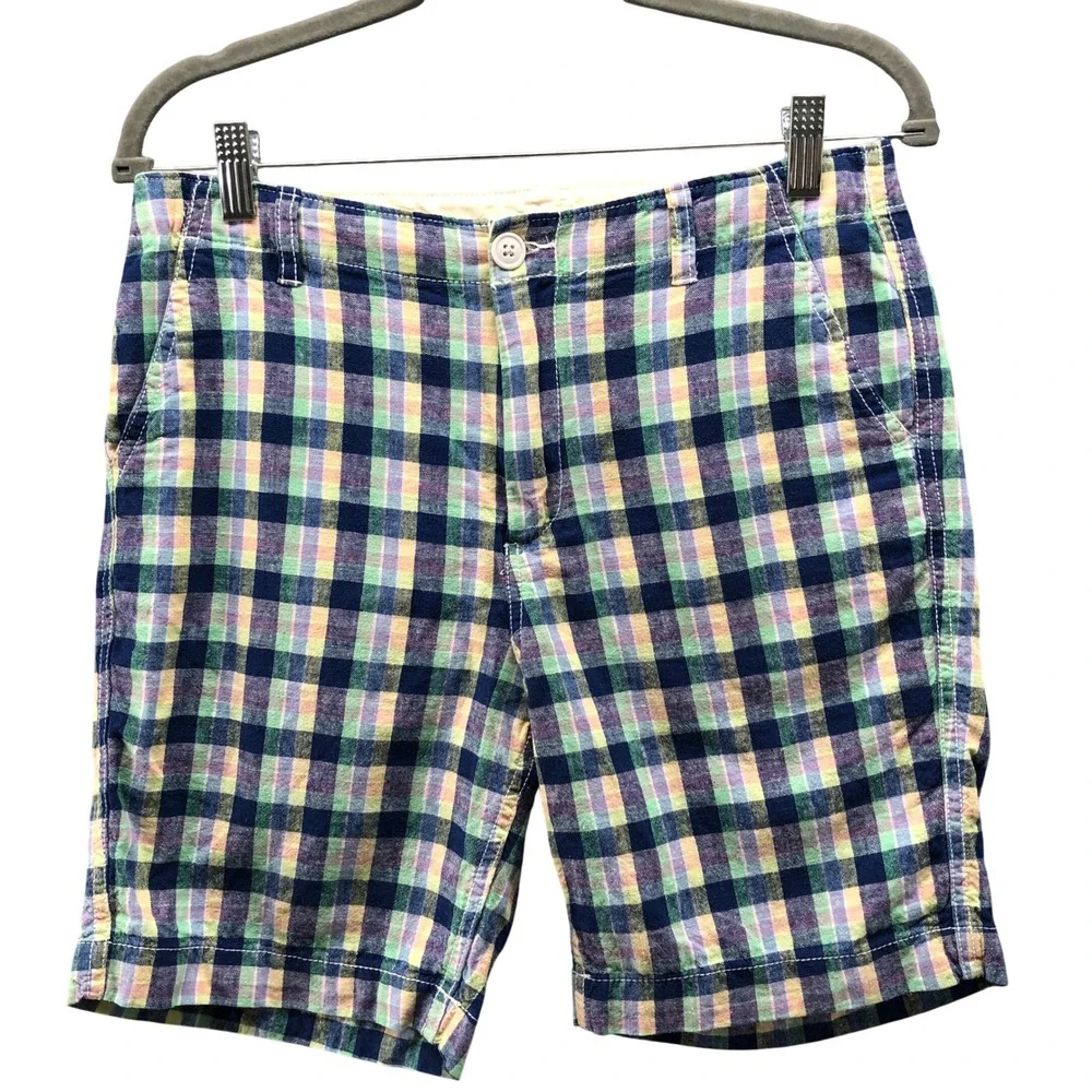 Gap Boys 14 Husky Cotton Linen Shorts Blue Madras Plaid Flat Front Multicolor